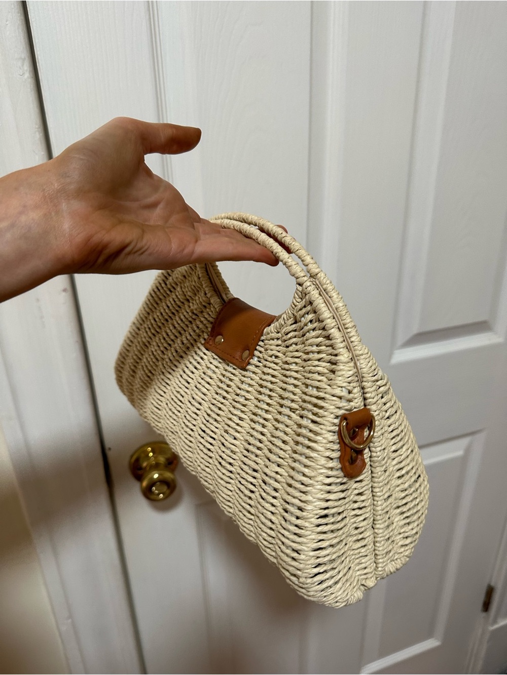 Woven Straw Top-Handle Bag with Brown Leather Trim - Picture 3 of 6